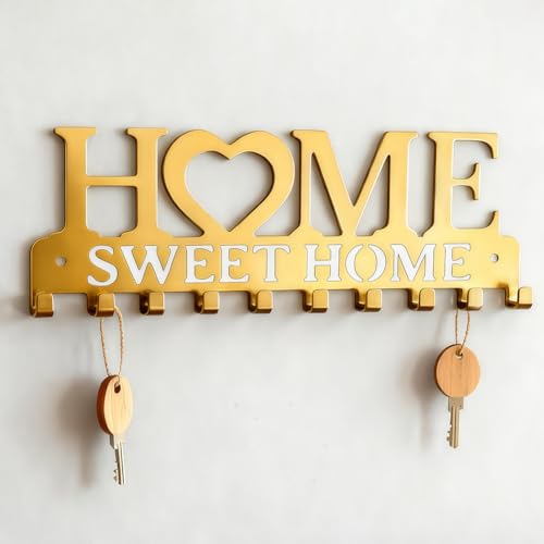 Key Holder for Wall, Decorative Key Holder with 10 Hooks, Hooks Organizer Hanger, Sweet Home Wall Decor for Entryway, Door, Bathroom, Kitchen(Gold)