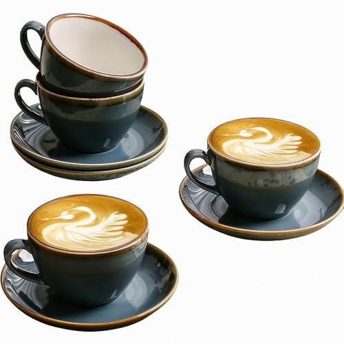 SHUER Ceramic Cappuccino Cup Set of 4, 7.8 OZ Cups and Saucers Set,Coffee Mocha Cup Sets,Black Coffee Cups and Glaze Americano Mugs Great for Party and Low Tea Time (Blue 220ml) - size: Small(220ml)