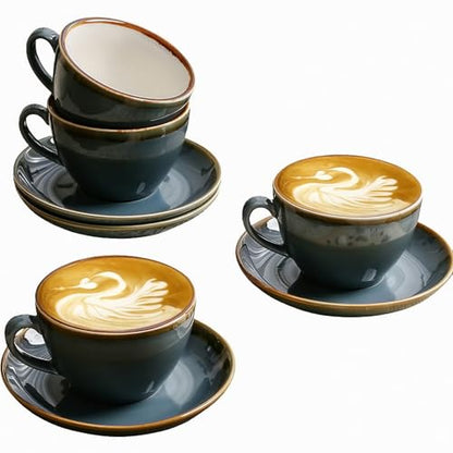 SHUER Ceramic Cappuccino Cup Set of 4, 7.8 OZ Cups and Saucers Set,Coffee Mocha Cup Sets,Black Coffee Cups and Glaze Americano Mugs Great for Party and Low Tea Time (Blue 220ml) - size: Small(220ml)