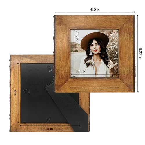IKEREE 4x4 Rustic Picture Frames with Natural Bark Edges, Brown Wood Photo Frame for Tabletop or Wall Mounting Display - size: 4x4 inch