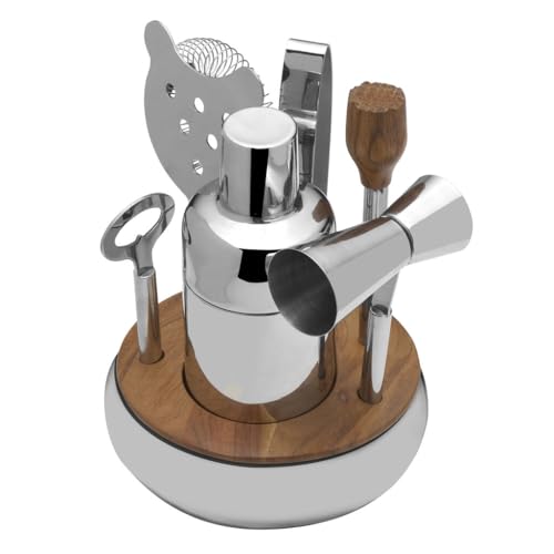Mikasa 8-Piece Bar Tool Set with Stand - Polished Stainless Steel Cocktail Shaker, Muddler, Strainer, Jigger, Ice Tongs, Cap Lifter and Acacia Wood Organizer