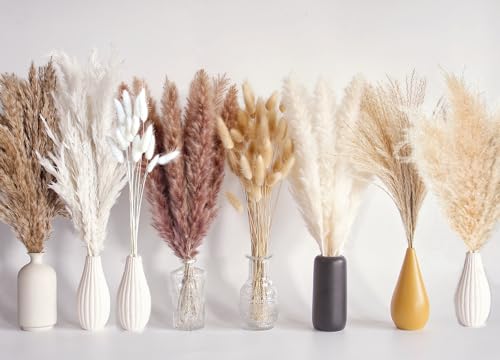130 PCS Dried Pampas Grass Bouquet, Boho Table Decor, Bunny Tails Dried Flowers, Brown Pampas, Fluffy Pompas, White Pampas Grass for Weddings, Home Decor, Rustic Parties, and Baby Shower Decorations - color: 128pcs-b