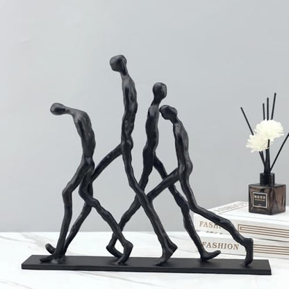 Abstract Four Figures Sculpture Cast Iron Giacometti Style Team Charging Forward Statue, Modern Art Home Office Decor, Motivational Human Figure Figurine for Desk Shelf – Corporate Executive Team Gift - style: Four walking man