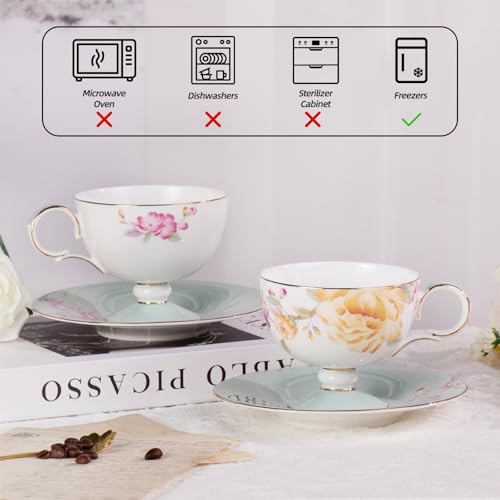KAMMAK Tea Cups Set of 2,Ceramic Floral Pattern Demitasse Cup | Porcelain Espresso Cup with Saucer, 7.44 oz Handmade Elegant Bone China Tea Cups for Latte, Americano, Cappuccino - color: Spring Fragrance