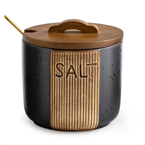 Salt Container for Countertop, Ceramic Salt Cellar with Lid, 10 OZ | Farmhouse Salt Bowl with Spoons, Easy Access, Kitchen Seasoning Storage Holder, Rustic Woodgrain Embossed Design, Black - color: Black, size: Set of 1