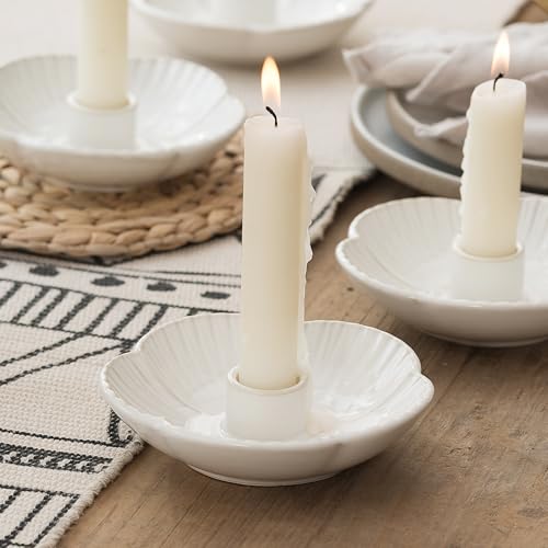 Ceramic Taper Candle Holder, 4.72 in Polished Round Base Tray | Use with incense or palo santo to create a calm tabletop setting for dinners, meditation or seasonal displays. - color: White