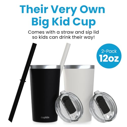 CUPKIN Toddler Tumblers, The Original 12 oz Stackable Stainless Steel Cups, Set of 2 Powder Coated Insulated Kids Water Bottle Alternative + BPA Free Lids + Reusable Silicone Straws (Black + White) - color: Black/White, size: 12 Fl Oz (Pack of 2)