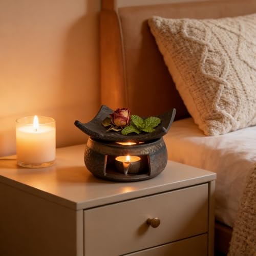 Ceramic Herb Burner Kit,Handmade Aromatherapy Stove for Essential Oils & Incense, Tealight Candle Holder Warmer for Home Office Meditation Relaxation (4)