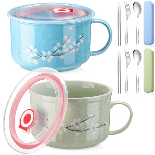 2 Pcs 30 Oz Ceramic Bowl with Lid Handle Noodle Cup,Blue, Green | Microwave Soup Bowls for Instant Meals, Cherry Blossom Design, 2 Stainless Utensils Sets with Case for Office Dorm Lunch - color: Blue, Green