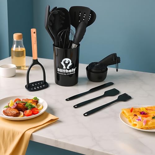 Large Silicone Kitchen Utensils Set with Holder, 25Pcs Cooking Utensil Set with Wooden Handle, Heat Resistant Spatula Sets for Cooking, BPA Free Silicone Utensils Set for Non-Stick Cookware(Black) - color: Black