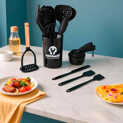Large Silicone Kitchen Utensils Set with Holder, 25Pcs Cooking Utensil Set with Wooden Handle, Heat Resistant Spatula Sets for Cooking, BPA Free Silicone Utensils Set for Non-Stick Cookware(Black) - color: Black