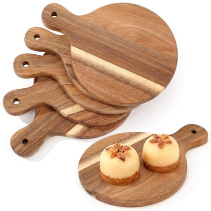 6 Pcs Mini Charcuterie Boards with Handle 5 x 7 Inch Small Wood Round Cutting Board Serving Plate Kitchen Wood Tray Round Pizza Peel Paddle for Baking Pizza Bread Cake Fruit Vegetables Meat - style: Round