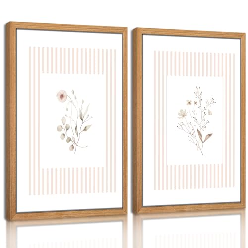 Framed Neutral Wildflower Wall Art Set of 2, Boho Watercolor Flower Botanical Picture Wall Decor Painting Rustic Minimalist Striped Floral Canvas Prints for Bedroom Living Room -16×24inch - color: Pink Flowers, size: 24L" x 16W"