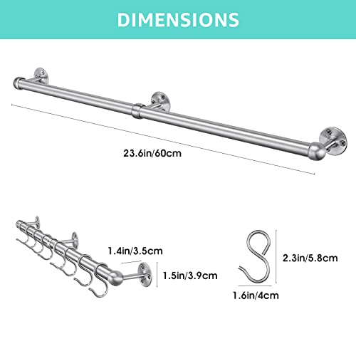 ROTHLEY Stainless Steel Hanging Pot Rack Hanger: 23.7 Inch Pot and Pan Hanger Wall Mounted Hanging Pot Bar Rack Heavy Duty Pot Hangers Kitchen Rail with 8 S Hooks (Brushed) - color: Brushed, size: 23.7 inch
