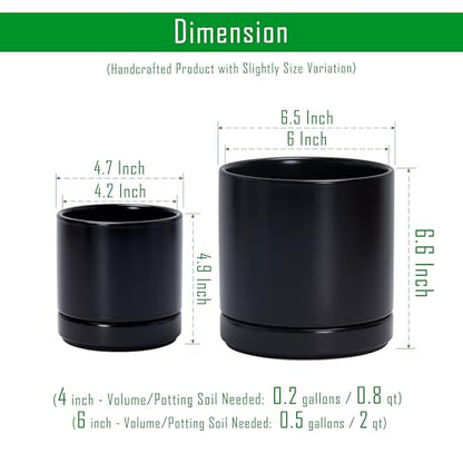 D'vine Dev 2-Pack Ceramic Pots with Saucers, Black, 4/6 in, 94-G-S-2 | Glazed Ceramic, Drainage Hole, Perfect-Fit Saucer, Sleek Cylinder Shape, High Temperature Fired, Elegant Home Accent - color: Black, size: Small