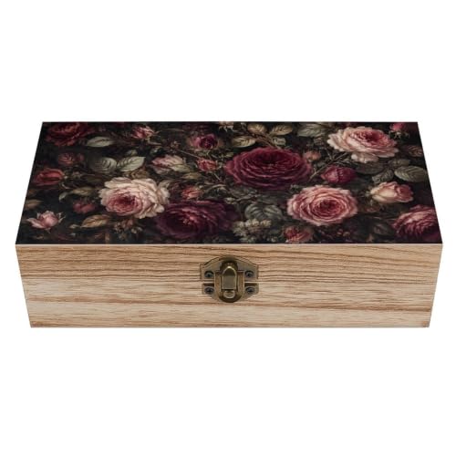 Dark Rose Floral Wooden Storage Box Decorative Keepsake Box with Metal Lock Vintage Organizer Container Jewelry Photo Letter Memory Box Rustic Home Desk Storage Gift Box - color: Dark Rose Floral