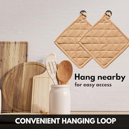 Oven Mitt (7"x13") & Pot Holder (8"x8") 100% Cotton Set of Heat Resistant Oven Gloves & Hot Pads for Gifts, BBQ, Cooking, Baking, Thanksgiving - Beige - color: Beige