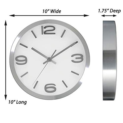 Bernhard Products Modern Wall Clock 10 Inch Silver Silent Non Ticking Battery Operated Round Elegant Metal Quality Quartz for Kitchen Home Office Clock with 3D Numbers, Easy to Read - color: Silver & Afternoon White