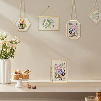 5 Pcs Pressed Flower Frames with Tweezers, Wall Hanging Tabletop Display Double Glass Frames with Metal Chain for Pressed Dried Flowers Plants, Horizontal and Vertical Picture Frame, Golden - color: Gold-5