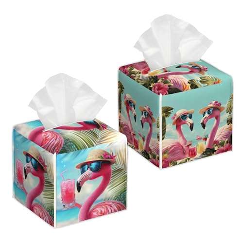 Sunglasses Flamingo 2 Pcs Tissue Box Cover Square Leather Tissue Case Holder Facial Paper Organizer Decorative for Bathroom Kitchen Car Office Home Decor - color: Sunglasses Flamingo