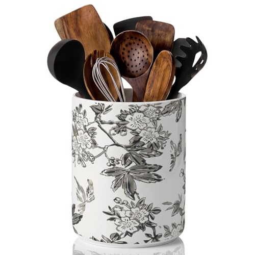 Vintage Floral Ceramic Utensil Holder 6.3 Inch Rustic Kitchen Crock Country Chinoiserie Gray Floral Countertop Storage Organizer for Spatulas and Spoons Elegant Home Cooking Unique Gift Idea - style: Gray Floral