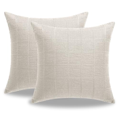 Linen Burlap Textured Pillow Covers 18x18 Inch Beige Set of 2 | Plaid Pillow Covers with Hidden Zipper,Soft Farmhouse Cushion Covers for Couch Sofa Living Room Bedroom,Machine Washable - color: Beige, size: 18" x 18" (Pack of 2)