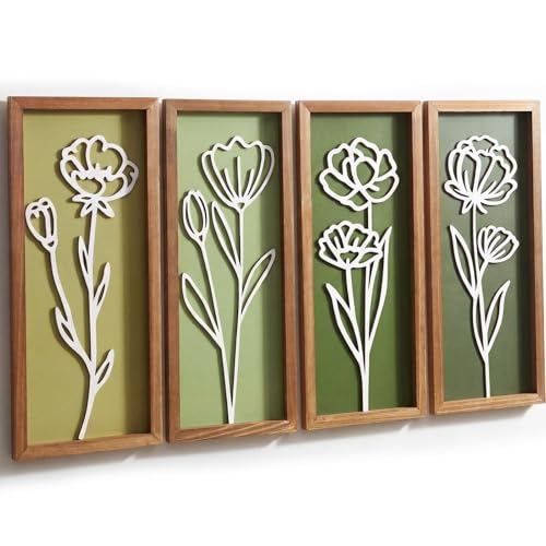 Novabright 3D Wooden Floral Bathroom Wall Decor Set of 4 Sage Green Flower Earth Tones Wall Boho Art Botanical Farmhouse Bathroom Decorations for Living Room, Bedroom, Office - color: Sage Green, style: Flower