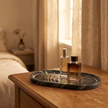 YKAJO Antique Wood Oval Marble Tray, 11.8x5.9 Vanity Perfume Organizer | Honed natural stone; jewelry & trinket dish, ring & key holder, soap & candle catchall; bath counter, dresser, coffee table - color: Antique Wood, size: 11.8" x 5.9" x 0.6"