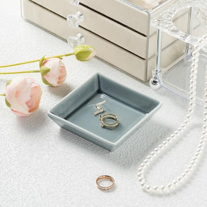 Ceramic Trinket Dish, Small Jewelry Ring Tray, Blue | Glazed ceramic jewelry tray. Stores rings, earrings, necklaces, bracelets. Easy to clean. Perfect for vanity and entryway. - color: Blue Surface