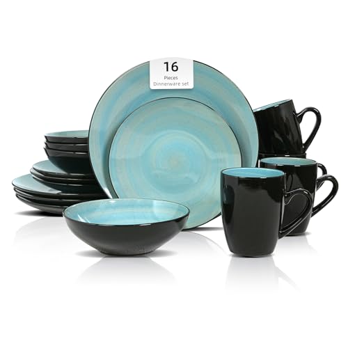 HomeVss Sonoma 16 Piece Stoneware Dinner Set, Outside Black + Inside Handpainted Color Turquoise with speckle - color: Turquoise
