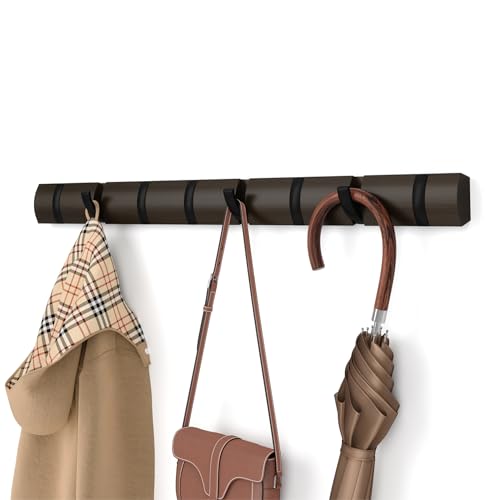 Umbra Flip Coat Rack, Wall Mount 8-Hook, Space Saving, Walnut/Black | Real wood and steel build, retractable hooks fold flat, holds coats bags and scarves, easy install - color: Walnut/Black, size: 8-Hook