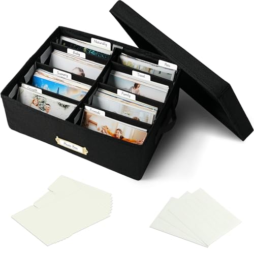 Collapsible Photo Storage Box, Adjustable Dividers - Black, 35cm | Holds 1700 Photos, Hook & Loop Dividers, Handle, Label Stickers - color: Black, size: 13.78"x11"x 5.12"