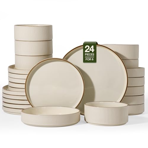 Famiware Stoneware Dinnerware Sets with Pasta Bowls, Rimmed Dishes for 6 | 24-Piece Creamic Double Bowls & Flat Plates, Chip & Scratch Resistant, Microwave & Dishwasher Safe, Everyday Dining, Cream - color: Cream, size: Service for 6 - Double Bowls
