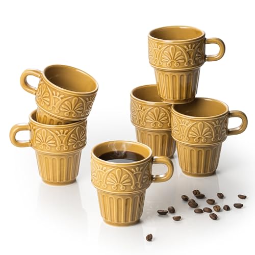 Cappuccino Cups, Espresso Cups, Stackable Mug Set of 6, Ceramic Coffee Mug 6 OZ Khaki for Hot Drinks Milk Dessert, Suitable for Home office Restaurant, Perfect for Holiday & Housewarming Present - color: Khaki, size: 6 OZ-set of 6