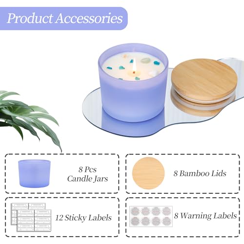 CONNOO 8 Pack 12 OZ Purple Glass Wide Mouth Candle Jars | Airtight Bamboo Lids, Sticky Warning Labels, Empty Container Bulk, Dishwasher Safe - color: Purple