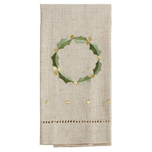 Saro Lifestyle Embroidered and Hemstitched Wreath Guest Towel (Set of 4), Natural, 14"x22" - color: Wreath