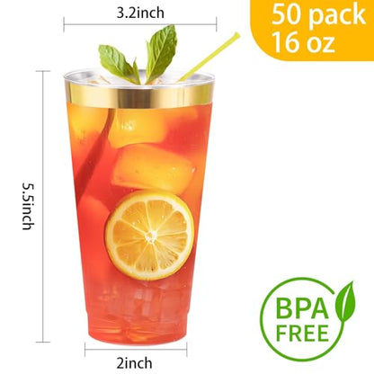 I00000 16 oz Gold Plastic Cups, 50 Pack Clear Plastic Cups with Gold Trim | Premium Gold Rimmed Disposable Cup, Heavy-duty, BPA-Free, Everyday Use, Disposable Cup Perfect for Birthday, Wedding & Party - color: 16-Gold-50