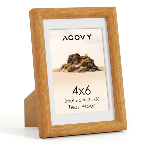 Acovy 4x6 Picture Frame, Natural Solid Teak Wood 4"x6" Photo Frame for Wall, Handcrafted Wooden Frame 4 x 6 Matted to 3.5x5, High Definition Tempered Glass, Wall Hook Included, Natural Teak - color: Teak, size: 4"x6"