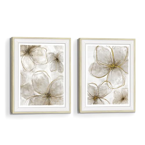 Bedroom Framed Flower Wall Art: Living Room Bathroom Floral Picture 2 Piece Modern Nature Botanical Gold Foil Print Artwork Small Vertical Vintage Blossom Painting for Home - color: Flower 01, size: 8"x10"x2Pcs
