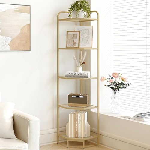 Hzuaneri Corner Shelf Stand, 5-Tier Glass Bookshelf Bookcase, Plant Stand | Bathroom Organizer Steel Frame, Tempered Glass, Modern Style for Living Room, Bathroom, Kitchen, Gold CS90200G - color: Gold, size: 5 Tier