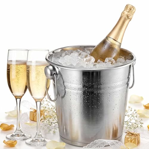 meekoo Champagne Bucket Set, 3 Qt Stainless Steel with 2 Flutes | Wine Bucket for Champagne Service, Double-wall Construction, Side Handles, Weddings and Cocktail Parties