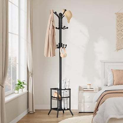FAVOOSTY Coat Rack Freestanding,Coat Rack Stand with Umbrella Holder,Metal Coat Tree with 12 Hooks,Tree Clothes Hat for Entryway, Hallway, Bedroom, Living Room & Office -Black - color: Black