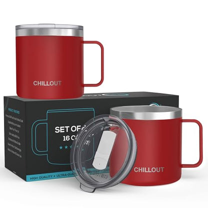 CHILLOUT LIFE Stainless Steel 16 oz Vacuum Insulated Coffee Mug with Handle and Lid, Large Thermal Camping Coffee Mugs with Sliding Lid for Men & Women, Keeps your Beverages Hot/Cold, 2 Pack - color: Cherry Red, size: 16 Ounces - 2 Pack