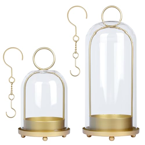 Fohil 5" & 4" Hurricane Glass Candle Holders, Set of 2 Metal Candle Holder with Handmade Sturdy Glass Dome, Candle Lantern for Pillar Candles, Plants, Table Centerpiece, Home Decor - color: Gold