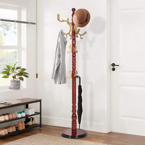 Wooden Coat Rack Freestanding, Solid wood Begonia | Vintage Coat Racks with Sturdy Round Base, Adjustable Height 37.40"-72.83" Entrance Coat Rack for Bedroom Living Room - color: Solid wood Begonia