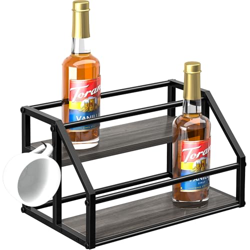 Coffee Syrup Rack Organizer, Syrup Bottle Holder Stand for Coffee Bar, 2-Tier 8 Bottles Storage Shelves for Syrup, Wine, Dressing for Kitchen Countertop, Grey - color: Grey