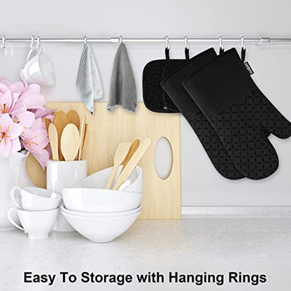KEGOUU Oven Mitts and Pot Holders 6pcs Set, Kitchen Oven Glove High Heat Resistant 500 Degree Extra Long Oven Mitts and Potholder with Non-Slip Silicone Surface for Cooking (Black) - color: Black