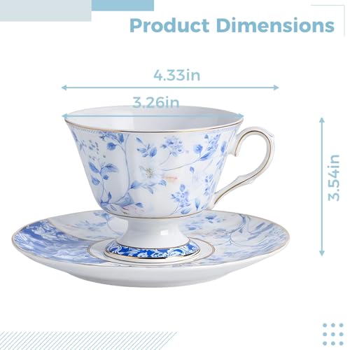 Ceramic Tea Cup & Saucer Set, 170 mL (5.7 fl oz) Coffee Mug with Blue and White Rose Pattern, Vintage Floral Design with Gold Rim, Office and Home Drinkware with Gift Box, Elegant Presentation