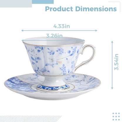 Ceramic Tea Cup & Saucer Set, 170 mL (5.7 fl oz) Coffee Mug with Blue and White Rose Pattern, Vintage Floral Design with Gold Rim, Office and Home Drinkware with Gift Box, Elegant Presentation