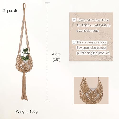 2-Pack Macrame Plant Hangers, Jute Hanging Planters for Indoor Plants for up to 8 Inch Pot Hanging Baskets Boho Plant Holder Basket for Outdoor Home, Handwoven, 35 Inchs